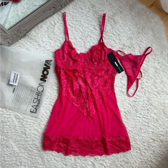 NWT Fashion Nova Keep Her Secret Lace Babydoll Lingerie Dress Hot Pink Lace Pjs - Picture 5 of 7